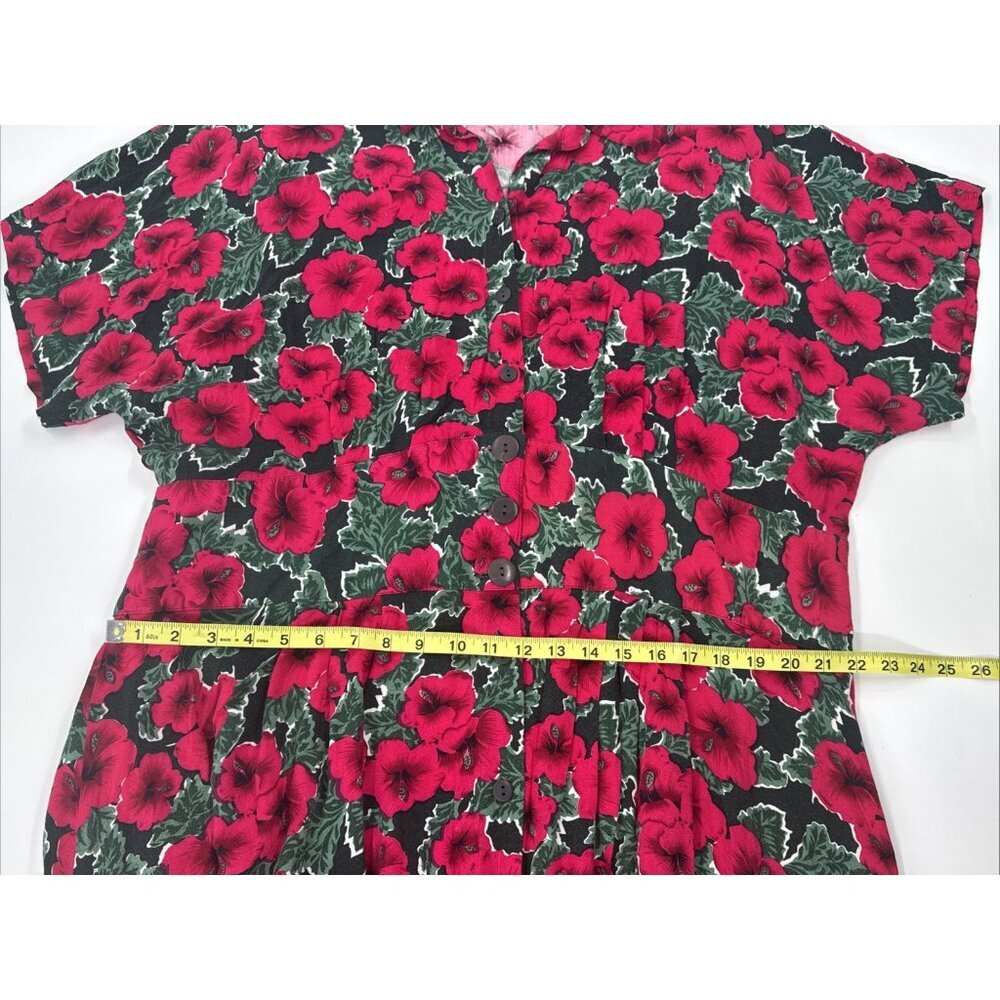 Vintage 80s Caroline Wells Dress 24W Long Red Floral Pleated Button Victorian - Picture 9 of 12